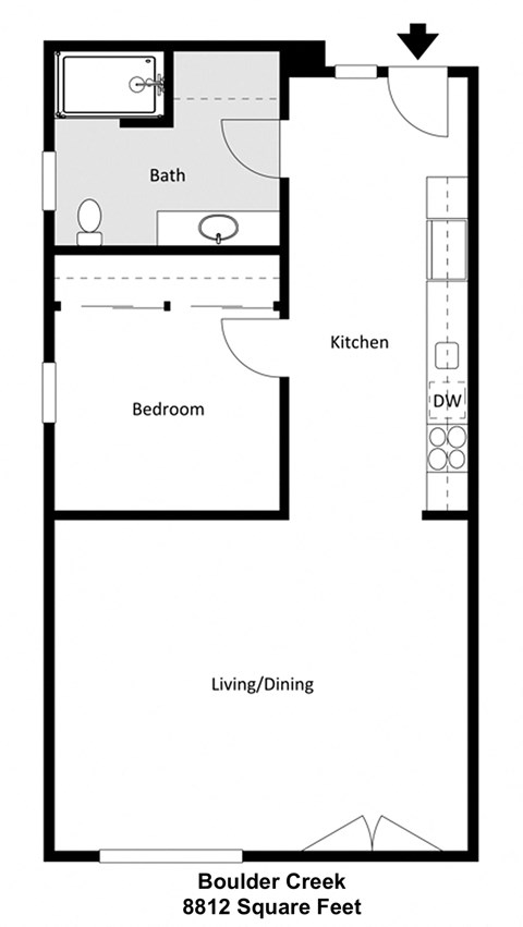 Floor plan for 1 bed, 1 bath, 882 sqft